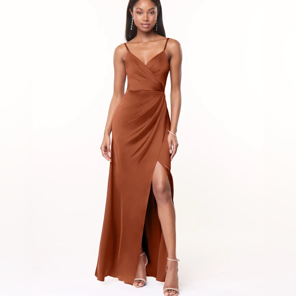 NWT Azazie Maci Bridesmaid Dress Size A6 Cedar Rose Pleated Stretch Satin Gown